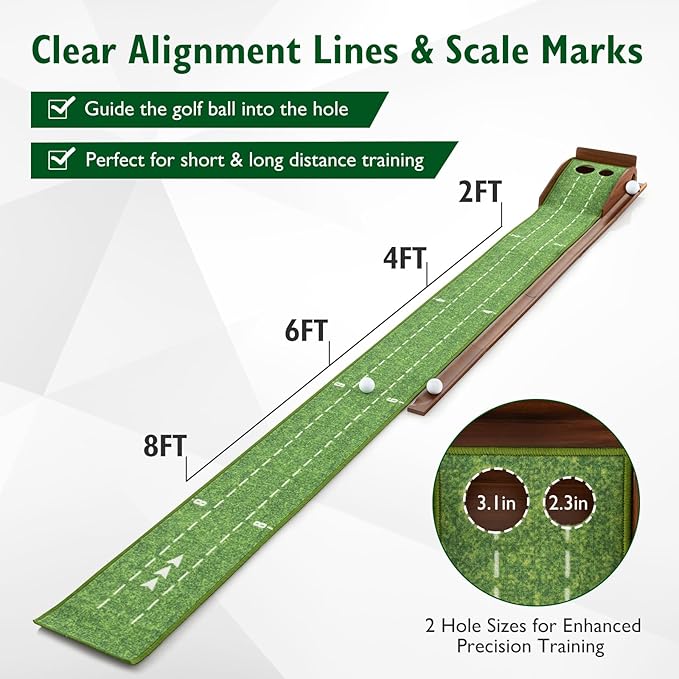 Tangkula 10 FT Golf Putting Green, 2/3-Hole Golf Putting Practice Mat with Auto Ball Return for Indoors & Outdoors, Alignment Guides & 3 Golf Balls, Mini Golf Game for Home and Office
