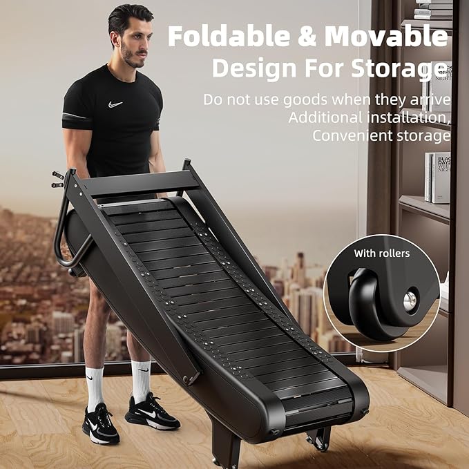 Exercise Treadmills,Manual Curved Treadmill ,Foldable, Non-Electric, Walking/Running Machine with LCD for Home & Office ,Black