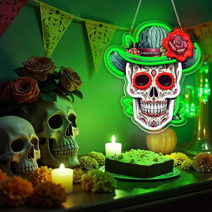 Day of the Dead Neon Sign - Mexican Sugar Skull LED Neon Light for Home & Bar Decor,UV Printed Art with Flexible LED Strip,Halloween & Día de Muertos Party Decoration(green)