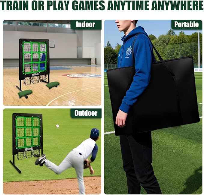 9 Hole Pitching Net, Heavy-Duty Baseball Net with Strike Zone for Pitching and Hitting, Height Adjustable Training Equipment with 9 Pocket Pitching Target for Baseball & Softball Practice-FlexoryFit
