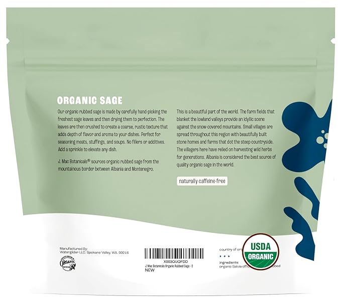 J Mac Botanicals, Organic Rubbed Sage (2 oz), Certified USDA Organic, Dried Rubbed Sage Leaf. Culinary Grade-excellent for sausage making, fresh Albanian harvest-FlexoryFit