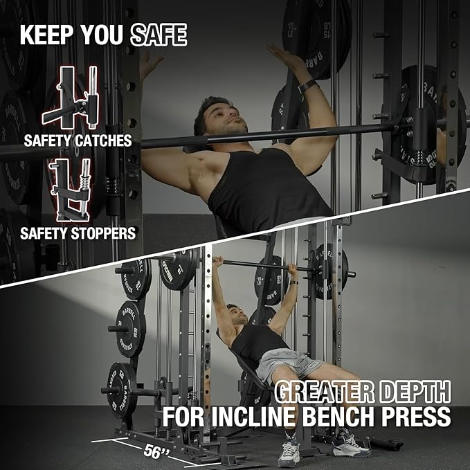 Mikolo Smith Machine, 2200lbs Squat Rack with LAT-Pull Down System & Cable Crossover Machine, Training Equipment with Leg Hold-Down Attachment-FlexoryFit