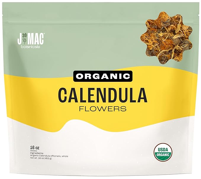 J Mac Botanicals, Organic Calendula Flower (16 ounce), whole dried flowers and petals, loose leaf tea, marigold flower, USDA Certified Organic. Great for loose leaf teas, cocktail bombs, salve-FlexoryFit
