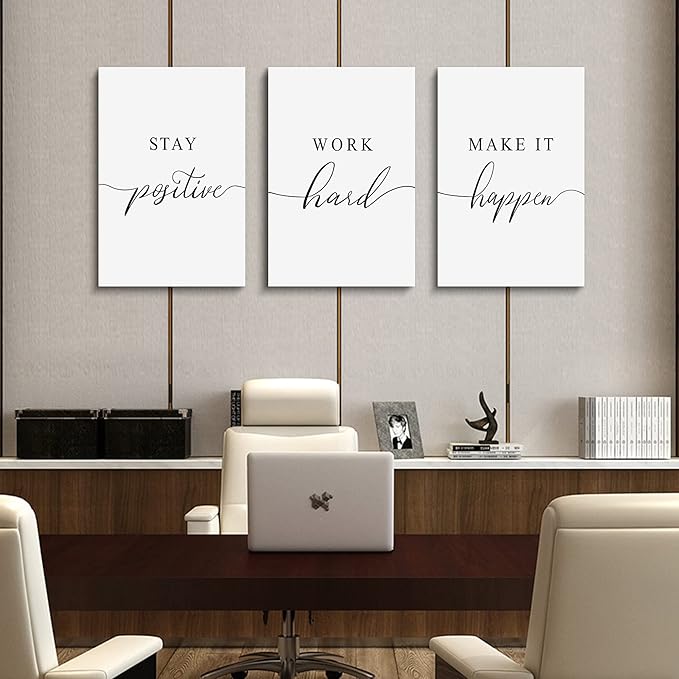 Framed Canvas Wall Art Work Quote, Office Wall Art Decor, Stay positive work hard make it happen, gift for father, boss gift, Inspirational Prints, Motivaional Wall Art (G-3pcs,16x24inchx3pcs)-FlexoryFit