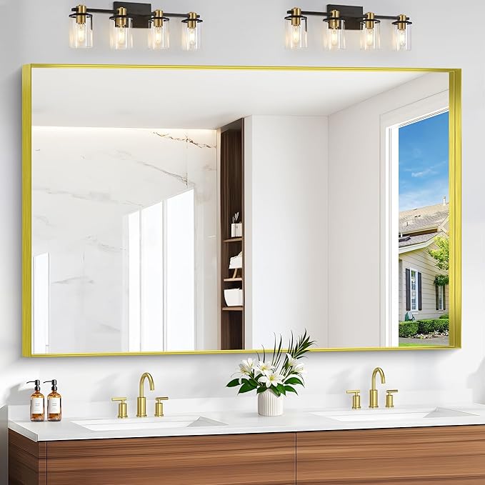 Gold Bathroom Mirror, 60x40 Inch Rectangular Framed Mirror, Large Wall Mounted Bathroom Vanity Mirror Over Sink for Bedroom,Restroom, Living Room, Hangs Vertically or Horizontally-FlexoryFit