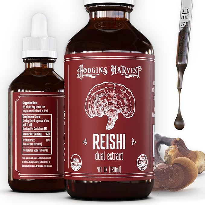 Hodgins Harvest Organic Reishi Tincture | Made with Mushrooms Grown On Our Farm in The USA | Dual Extract | Extra-Concentrated (4 fl oz)-FlexoryFit