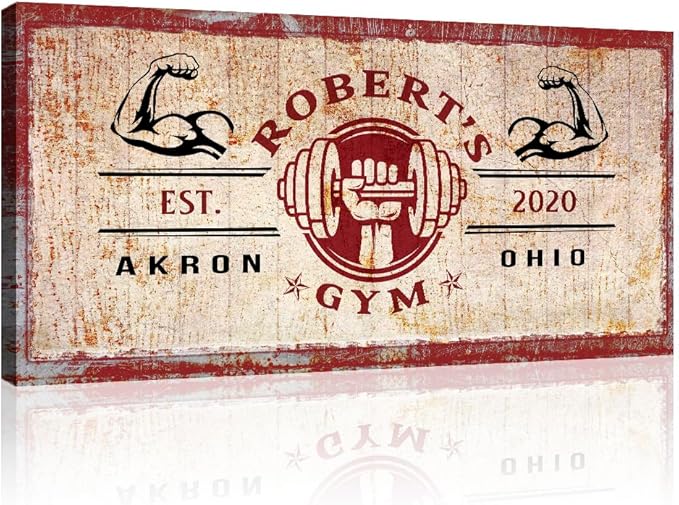 Tailored Canvases Personalized Gym Sign Wall Art Decor - Motivational Canvas for Home Gym, Workout Room, Garage, Fitness Center - Workout Inspirational Posters - One Hand Dumbbell on Rustic Red, 60x30in