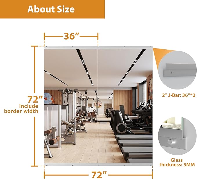 ROOMTEC Workout Mirrors for Home Gym 72"x36"-2PCS, Large Wall Mirror Full Length for Fitness, Yoga, Big Wall Mounted Frameless Glass Mirror for Garage, Dance Studio, Bedroom-FlexoryFit