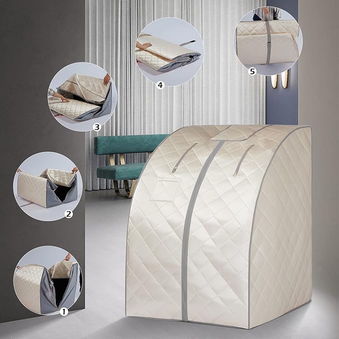 Smartmak Far Infrared Sauna, Full Body One Person Portable SPA Set with Time & Tempreture Remote Control, Heating Foot Pad and Foldable Reinforced Chair (L 27.6’’ x W 31.5’’ x H 37.8’’)- Beige