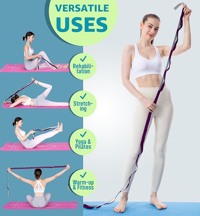 HiRui Stretching Strap Yoga Strap with Door Anchor, 14-Loops Non-Elastic Stretch Straps for Physical Therapy, Pilates, Dance, Gymnastics | Stretch Band with Workout Guide for Women & Men-FlexoryFit