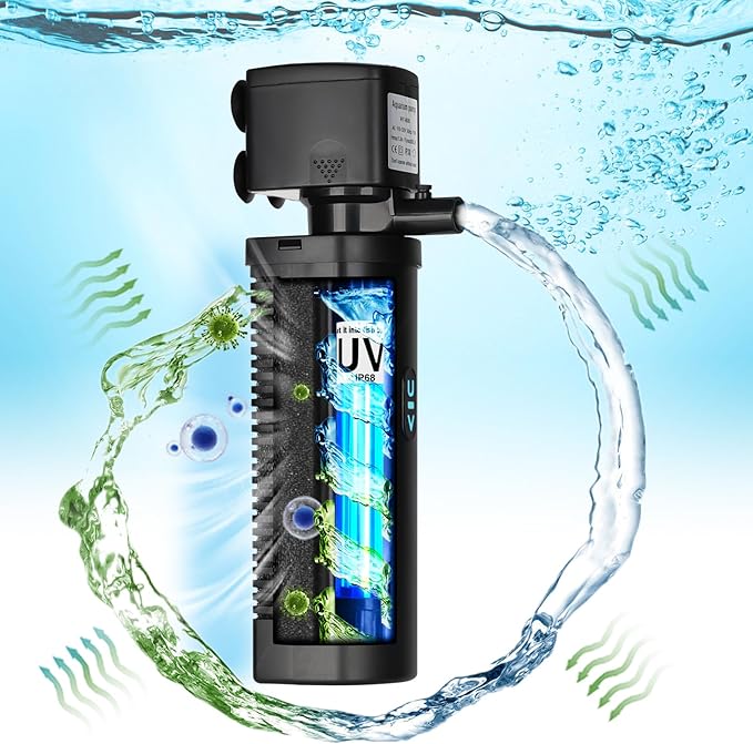 TARARIUM Aquarium Filter U-V for 20-75 Gallon, 200GPH Fish Tank Filter w/ 5W U-V Light Green Clean Machine Submersible Powerful Pump Internal Filter for Turtle Tank Saltwater Freshwater Crystal Clear