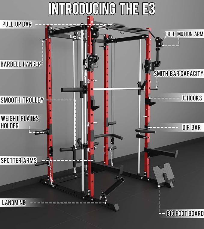 Eonfit E3 Smith Machine with 360°Rotating Arm for Home Gym Equipment, Multi-Function Power Cage Squat Rack with Cable Crossover LAT Pulldown Pulley System All in One-FlexoryFit