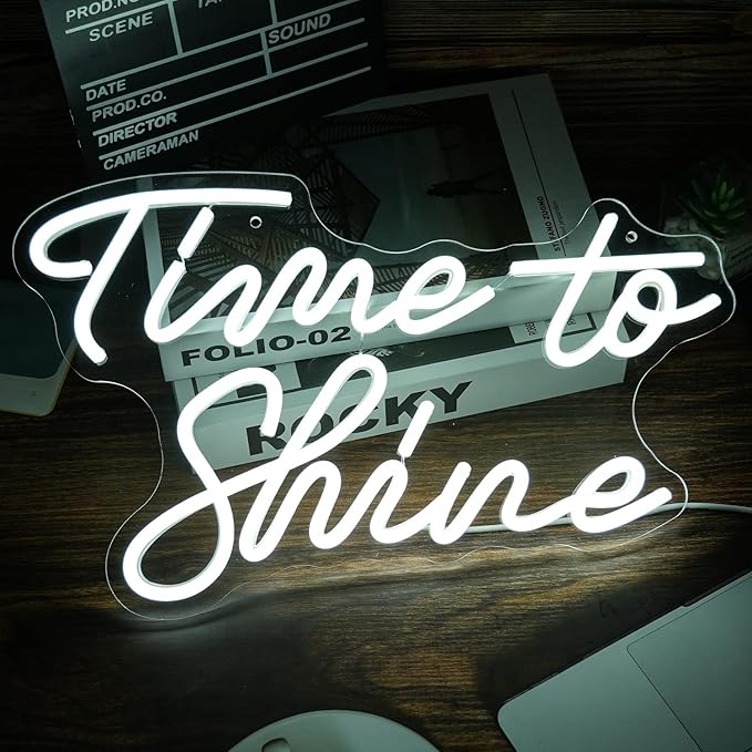Time To Shine Neon Sign White Led Sign Time To Shine Neon Lights Decor for Lover Dimmable Letter Neon Wall Signs USB Powered with Switch Neon Signs for Wall Decor Party Wedding(16.5’’X10.2’’)