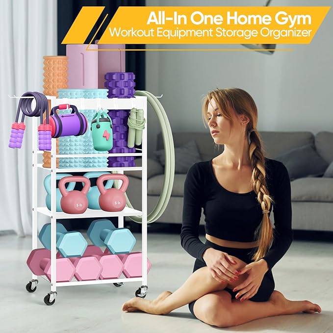 Home Gym Storage Rack, Heavy Duty Yoga Mat Holder Workout Equipment Storage Organizer Weight Rack with Hooks & Wheels for Dumbbells Kettlebells Dumbbell Yoga Block Foam Rollers Yoga Strap Resistance Bands, Fitness Exercise Equipment-FlexoryFit