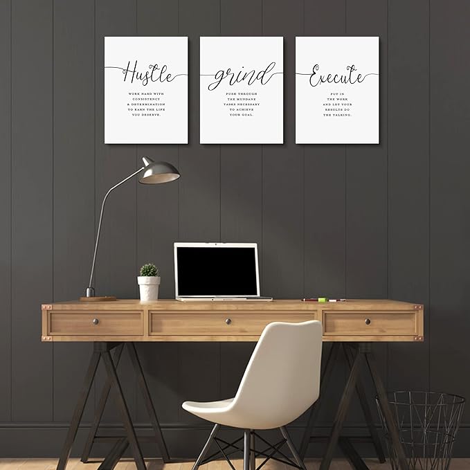Framed Canvas Wall Art Grind Hustle Quote Poster, Office Wall Art, Positive Motivational Set of 3 Prints, Hustle prints Execute, Inspirational Wall Decor Art (H-3pcs,12x16inchx3pcs)-FlexoryFit