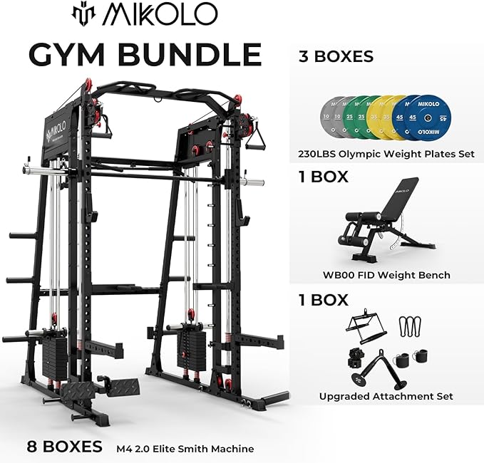 Mikolo Smith Machine, 2200lbs Squat Rack with LAT-Pull Down System & Cable Crossover Machine, Training Equipment with Leg Hold-Down Attachment-FlexoryFit