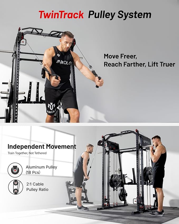 Mikolo Smith Machine, 2200lbs Squat Rack with LAT-Pull Down System & Cable Crossover Machine, Training Equipment with Leg Hold-Down Attachment-FlexoryFit