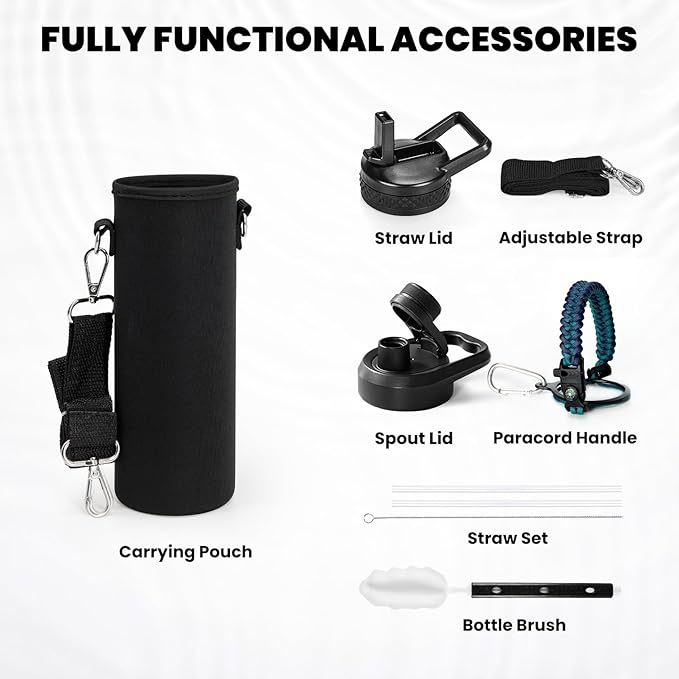 Insulated Water Bottle 24oz, Triple Wall Vacuum Stainless Steel (Cold for 48 Hrs, Hot for 24Hrs), Leak Proof & Non-BPA, 24oz Hydro Water Flask with Paracord Handle & Straw Spout Lids-FlexoryFit