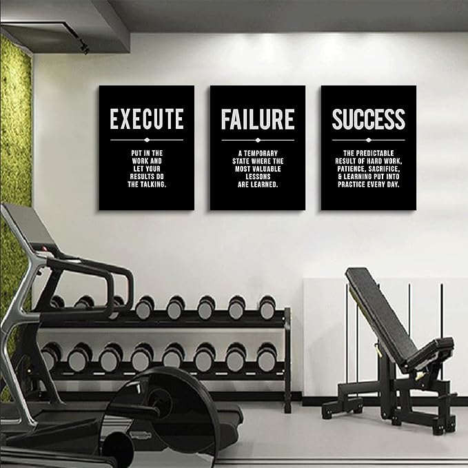 Framed Canvas Wall Art Success Quote For Office, Black Large Positive Motivational Poster, Set of 3, Execute Failure Definition, Inspirational Print (A-3pcs,12x16inchx3pcs)-FlexoryFit