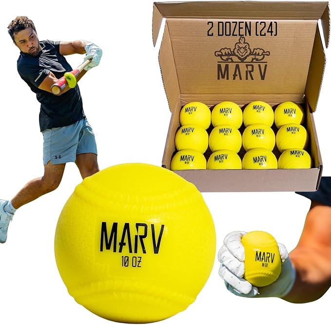 Marv Hitting Balls - 2 Dozen (24 Pack) | 10oz Heavy Training Baseballs for Power, Strength & Barrel Accuracy | Soft Shell & Bat Safe | Limited Flight | Ideal for Baseball and Softball Drills-FlexoryFit