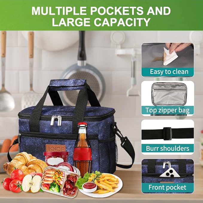 iknoe Large Foldable Cooler Bag, 8.5L Insulated Lunch Bag, Leakproof Lunch Cooler Tote with Multi-Bag Design Suitable for Beach, Picnic and Office Use, Galaxy 15-Can-FlexoryFit