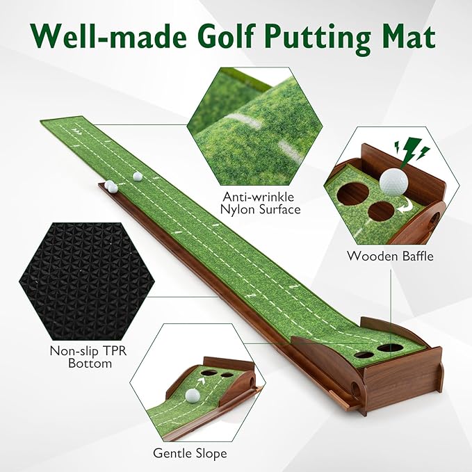Tangkula 10 FT Golf Putting Green, 2/3-Hole Golf Putting Practice Mat with Auto Ball Return for Indoors & Outdoors, Alignment Guides & 3 Golf Balls, Mini Golf Game for Home and Office