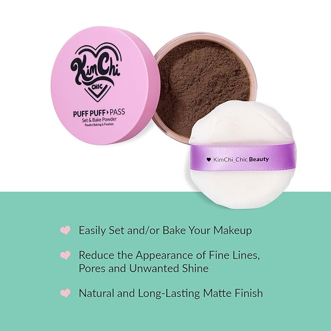 Kimchi Chic Beauty Puff Puff Pass Set and Bake Setting Powder for Makeup, Extra Fluffy Loose Face Powder Poof, Soft Natural Face Makeup for Uneven Skin Tone, 08 Chocolate-FlexoryFit