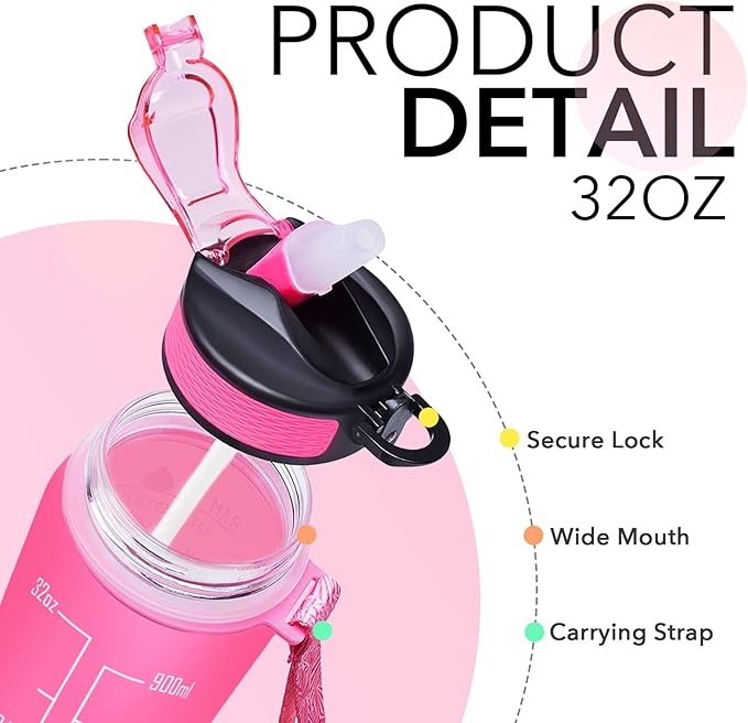 Hyeta 32 oz Water Bottles with Times to Drink and Straw, Motivational Water Bottle with Time Marker, Leakproof, Drinking Sports Water Bottle for Fitness, Gym and Outdoor-FlexoryFit