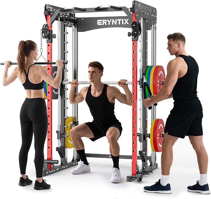 Smith Machine Power Rack | All-in-One Power Cage with Adjustable J-Hooks, Squat Rack for Home Gym, Cable Machine & Pull-Up Bar | Home and Garage Gym Equipment for Strength Training-FlexoryFit