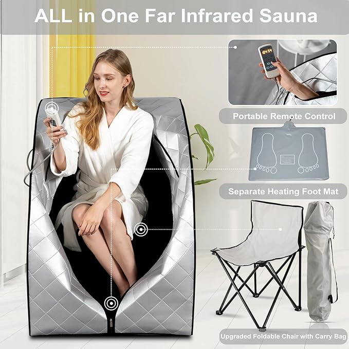 Smartmak Far Infrared Sauna, Full Body One Person SPA Set with Portable Time & Tempreture Remote Control, Heating Foot Pad and Foldable Reinforced Chair(L 27.6โโ x W 31.5โโ x H 37.8โโ) - Black Border