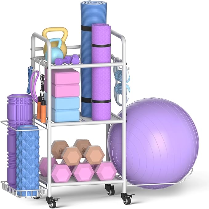 Home Gym Storage Rack Exercise Equipment Storage Organizer for Yoga Mat Dumbbells Kettlebells Foam Roller Yoga Strap & Resistance Bands, Ideal Yoga Mat Holder & Workout Equipment Organizer-FlexoryFit
