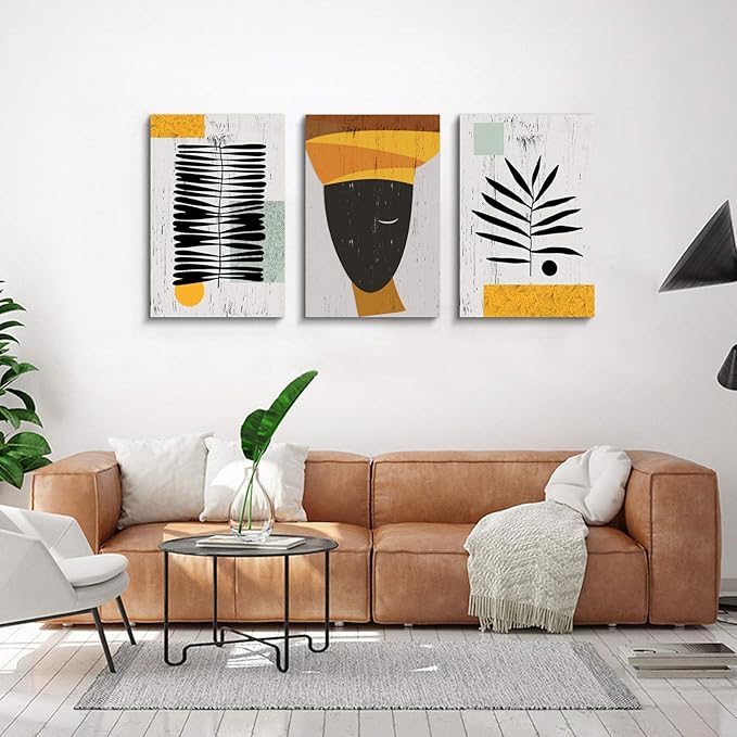 Framed Canvas Wall Art African Ethno Motive Wall Art Set, Abstract Ethno Art, African American Woman Portrait, Black Orange Print, Contemporary Collage, Minimalist (S-3pcs,20x30inchx3pcs)-FlexoryFit
