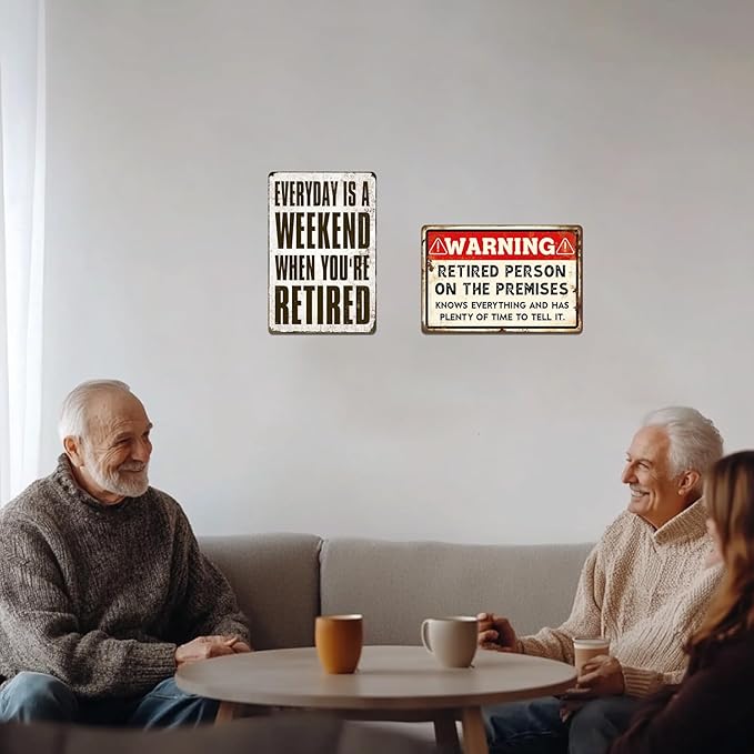 Retirement Signs - Funny Retirement Gifts for Men Vintage Warning Retired Person On Premises Metal Tin Sign for Happy Retirement Party Door Decor Retired Yard Gifts for Women 8x12 Inch-FlexoryFit