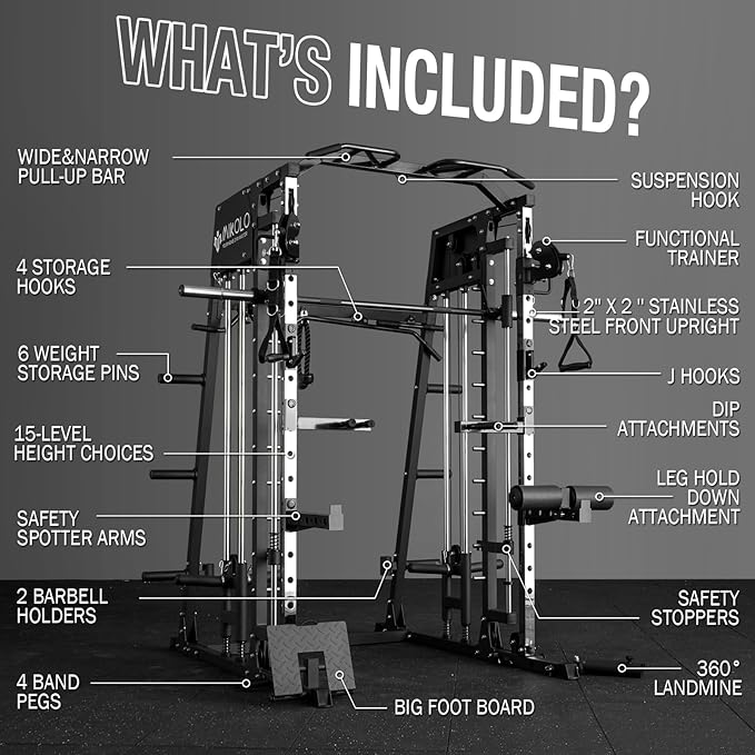 Mikolo Smith Machine, 2200lbs Squat Rack with LAT-Pull Down System & Cable Crossover Machine, Training Equipment with Leg Hold-Down Attachment-FlexoryFit