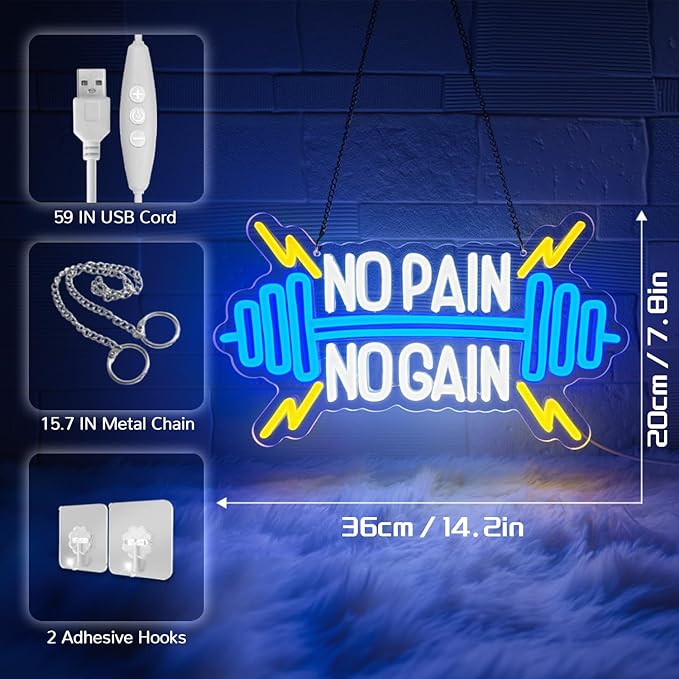 No Pain No Gain Neon Sign for Gym Wall Decor,Led Sign,Neon Lights for Bedroom,Motivational LED Light Up Sign for Home Fitness Room,Garage,Workout,Man Cave,Blue & Yellow Barbell Neon Light