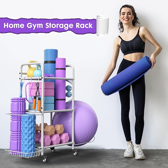 Home Gym Storage Rack Exercise Equipment Storage Organizer for Yoga Mat Dumbbells Kettlebells Foam Roller Yoga Strap & Resistance Bands, Ideal Yoga Mat Holder & Workout Equipment Organizer-FlexoryFit