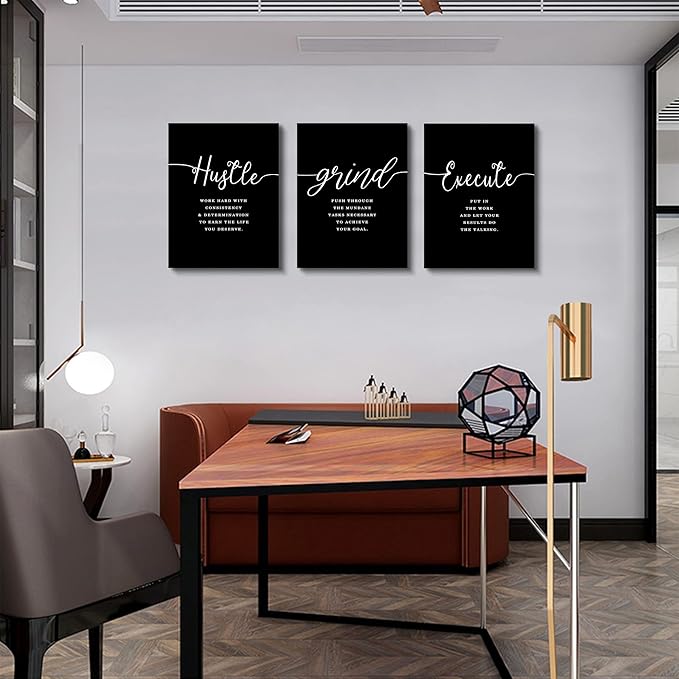 Office Decor - Hustle Quotes Execute Prints, Framed Canvas Wall Art Grind Quote, Office Wall Art, Black Large Poster, Positive MotivationalPrints, Inspirational Print (F-3pcs,12x16inchx3pcs)-FlexoryFit