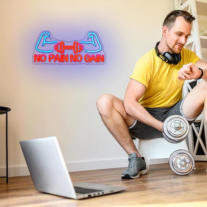 No Pain No Gain Neon Sign for Gym Decor Gym Neon Light Muscle Led Neon Sign Dumbbell LED Neon Light Weightlifting Neon Lights Fitness Club Neon Signs for Gym Fitness Club Store Decoration