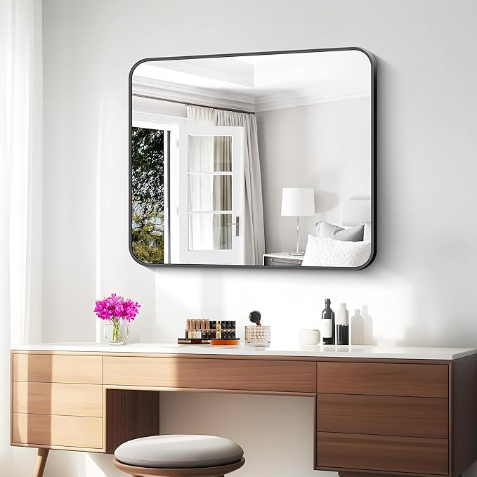 30x36 inch Bathroom Mirror,Black Rectangle Mirror,Wall Mounted Bathroom Frame Vanity Mirror with Round Corner for Bedroom Living Room, Entryway Hangs Horizontal or Vertical-FlexoryFit