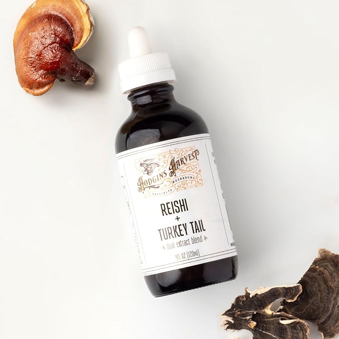 Hodgins Harvest Reishi + Turkey Tail Tincture | Made with Mushrooms Grown On Our Farm in The USA | Dual Extract | Extra-Concentrated (4 fl oz)-FlexoryFit