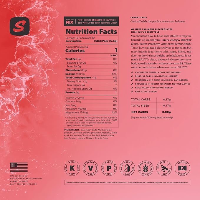 Keto Chow SALTT Electrolytes Powder Packets, Cherry Chill (30 Hydration Packets) - Magnesium, Potassium, Sodium, Trace Minerals - Vegan, Gluten Free, Sugar Free - Travel Essentials - Made in USA-FlexoryFit