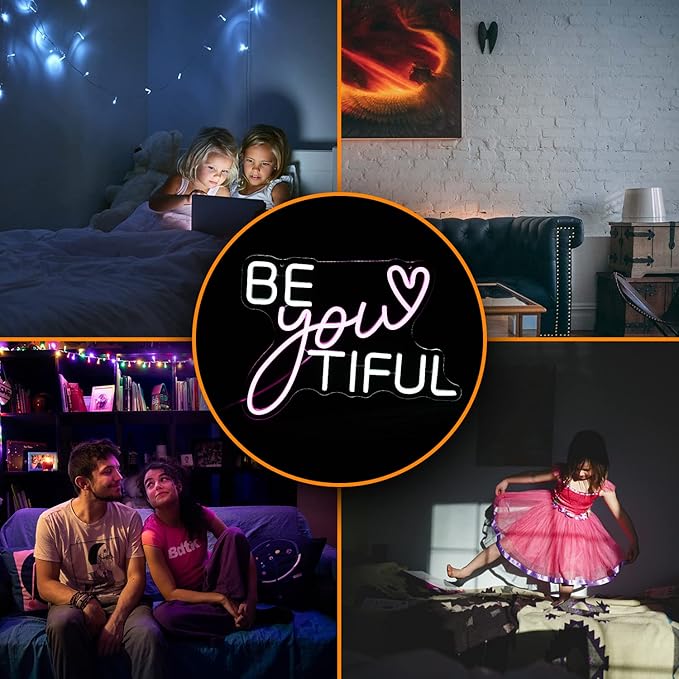 Be Your Tiful Neon Sign Dimmable Letter Neon Signs White Pink Wall Decorative Lights Powered USB with Switch for Bedroom Kid Room Shop Apartment Birthday Party Wedding (15.7’’X11.8’’)