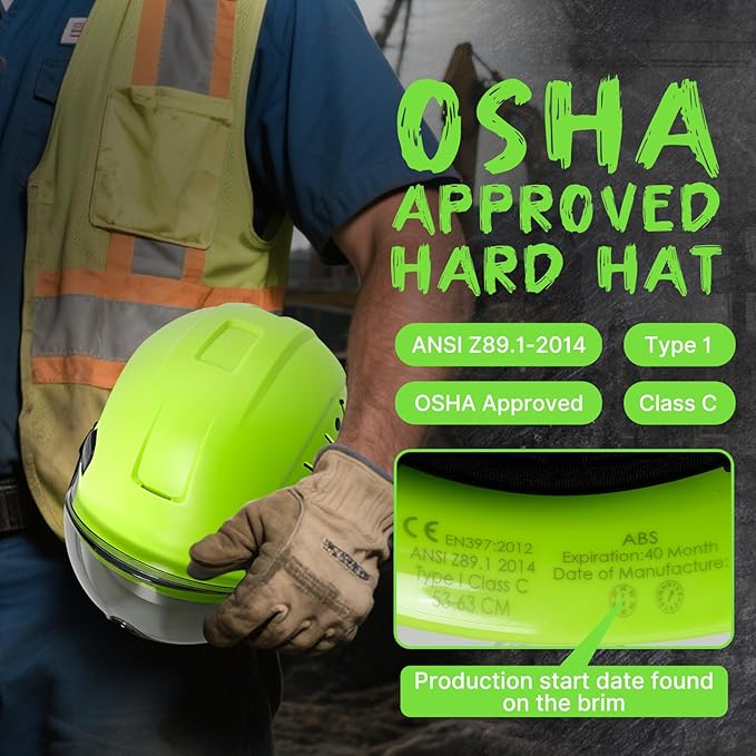 Aolamegs Construction Hard Hats for Adults - Hard Hats Construction OSHA Approved with Smoke Visor for Men Women ANSI Z89.1 Vented Safety Helmet, Hard Hat with Chin Strap,6 Point Suspension (Green