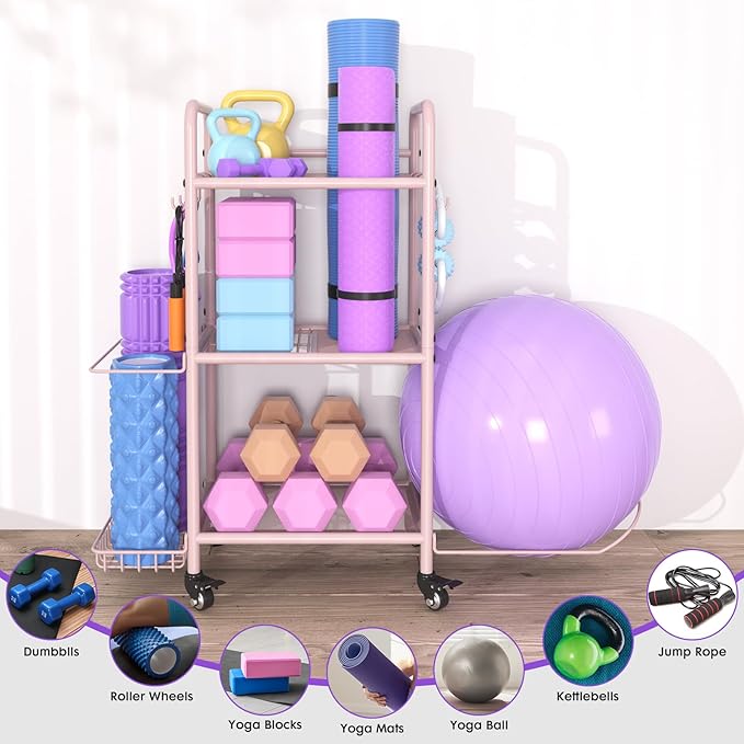 Home Gym Storage Rack Exercise Equipment Storage Organizer for Yoga Mat Dumbbells Kettlebells Foam Roller Yoga Strap & Resistance Bands, Ideal Yoga Mat Holder & Workout Equipment Organizer-FlexoryFit