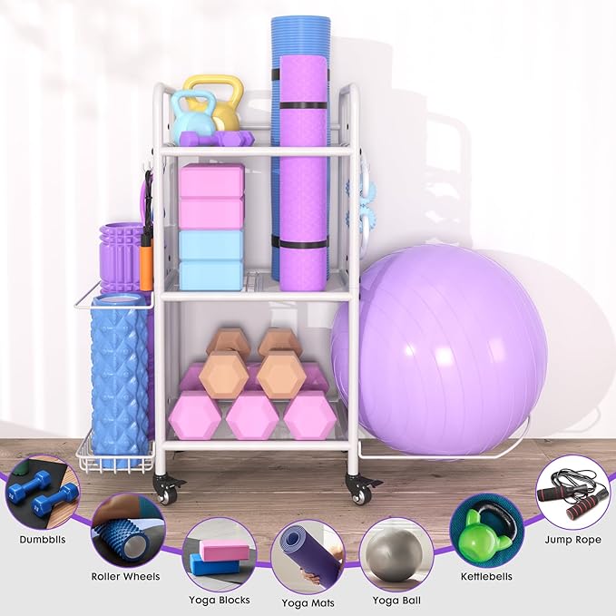 Home Gym Storage Rack Exercise Equipment Storage Organizer for Yoga Mat Dumbbells Kettlebells Foam Roller Yoga Strap & Resistance Bands, Ideal Yoga Mat Holder & Workout Equipment Organizer-FlexoryFit