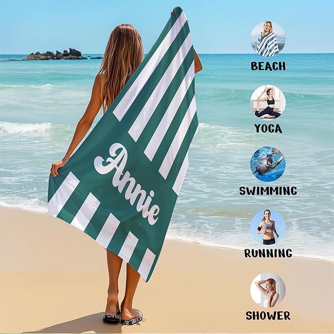 JML Personalized Beach Towel with Name, Custom Cabana Stripe Beach Towel, Customized Microfiber Pool Towel, Quick Dry & Absorbent Swim Towel for Adult,Mother's Day, Birthday, Summer Holiday,Vacation-FlexoryFit