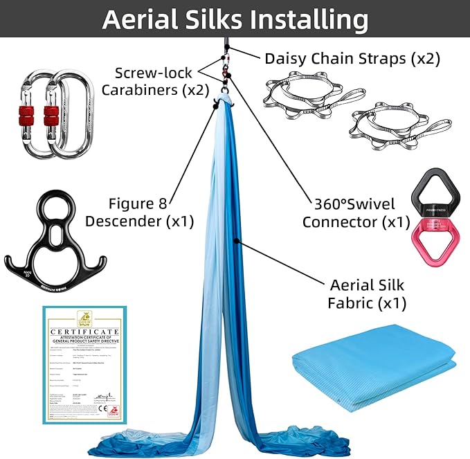 PRIOR FITNESS Aerial Silks Kit Colorful 9/15/20 Yards 40D Nylon Fabric Hammock Set With Hardware & Guide for All Levels Of Aerial Yoga Practice and Acrobatic Flying For Adults Aerial silk-FlexoryFit