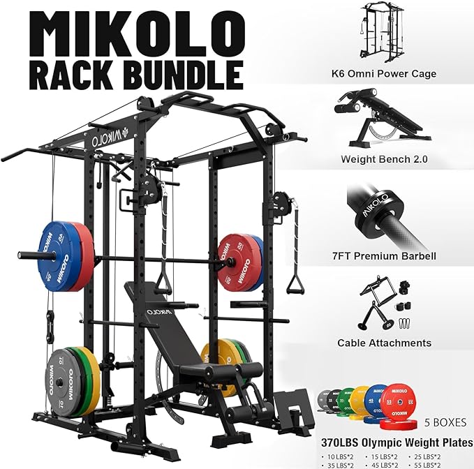 Mikolo Power Cage, Power Rack with Cable Crossover System, 1500LBS Squat Rack with LAT Pull Down System, Workout Cage with Pulley System for Fitness Home Gym-FlexoryFit