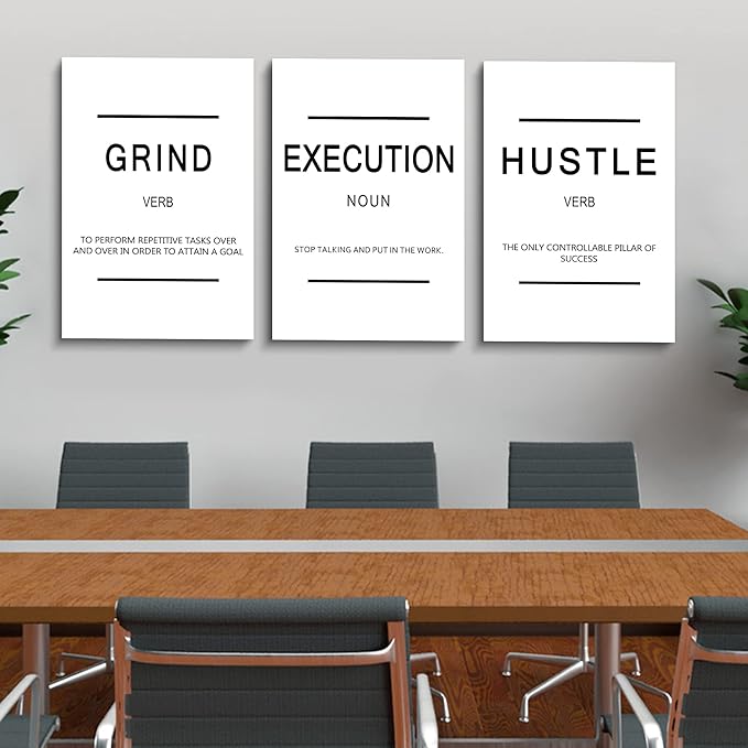 Framed Canvas Wall Art Success Quote - Office Wall Art, White Large Poster, Positive Motivational Set of 3 Prints, Execute Grand Hustle Poster, Inspirational Print (C-3pcs,20x30inchx3pcs)-FlexoryFit
