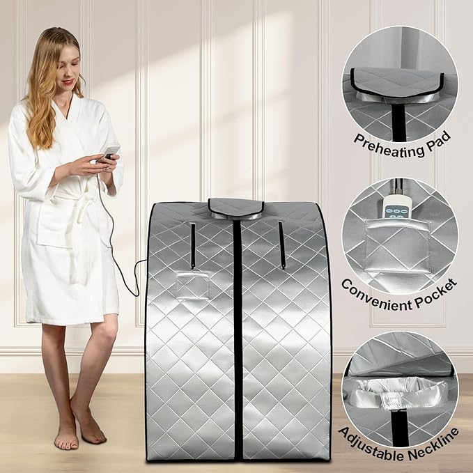 Smartmak Far Infrared Sauna, Full Body One Person SPA Set with Portable Time & Tempreture Remote Control, Heating Foot Pad and Foldable Reinforced Chair(L 27.6โโ x W 31.5โโ x H 37.8โโ) - Black Border